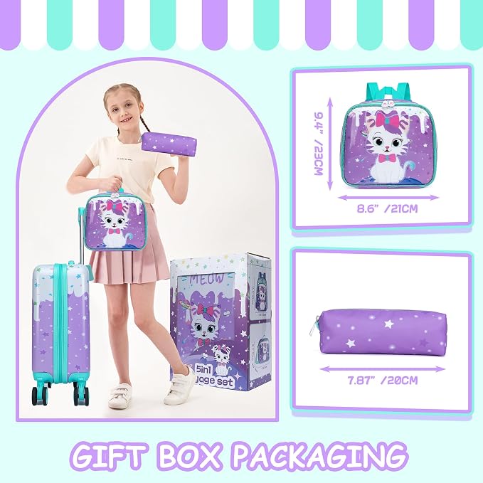 Cute Cat Kid’s Luggage Set 5 Piece Suitcase Set 16’’ Hardside Luggage - Image 6
