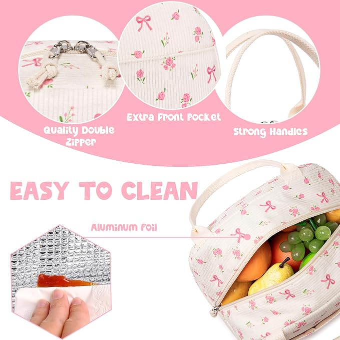 Bluboon Lunch Bag for Women Men Cute Corduroy Lunch Tote Bags Reusable - Image 6