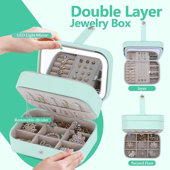 Travel Jewelry Case with LED Lighted Mirror, Personalized Birthday Gifts - Image 2