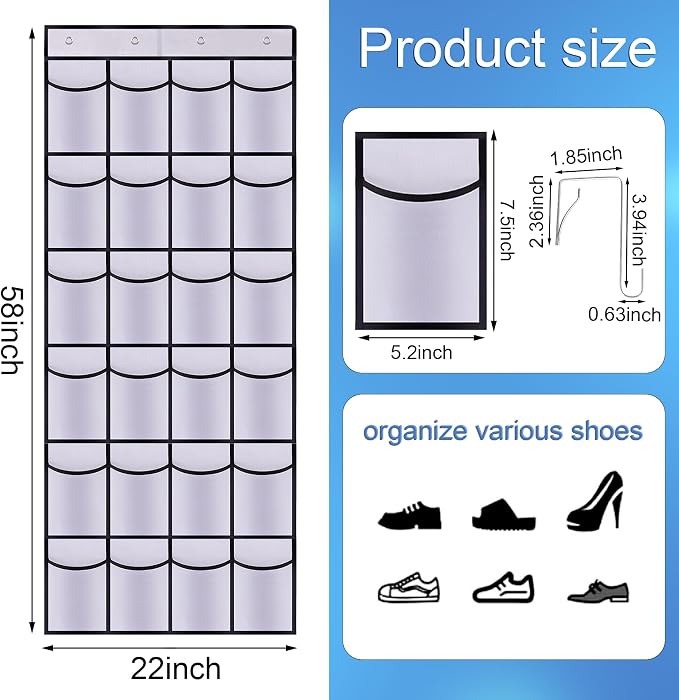 Over the Door Shoe Organizer, 24 Large Breathable Mesh Pockets, Hanging Storage - Image 2