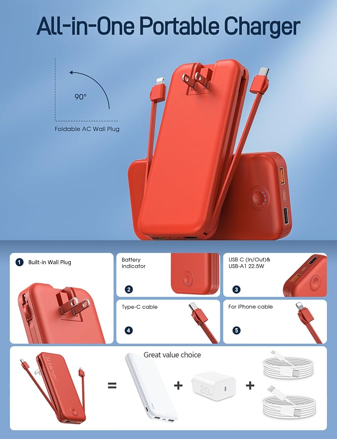 Portable Charger with Built in Cable and AC Wall Plug, USB C Power Bank - Image 2