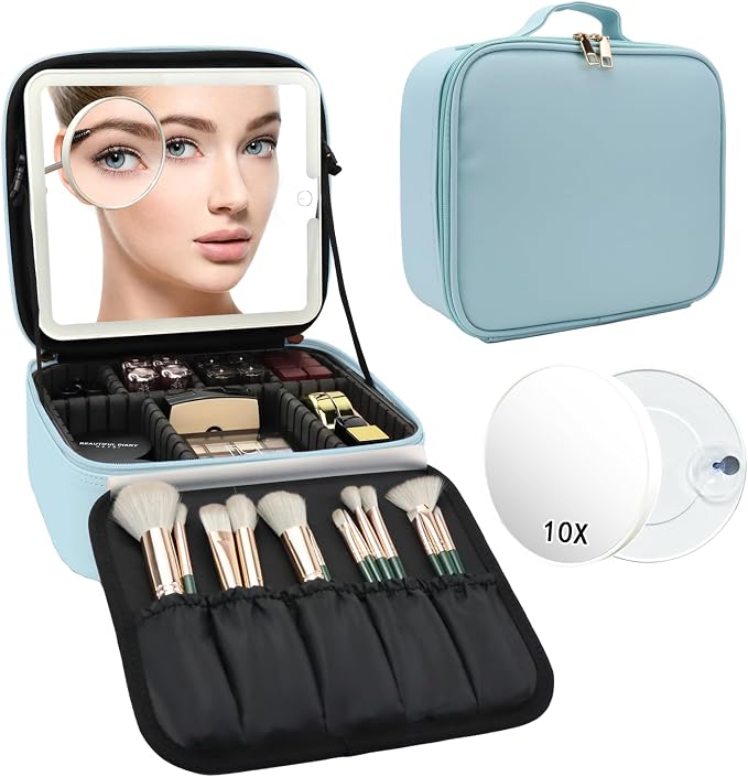 Travel Makeup Bag with LED Mirror and 10x magnifying glass with 3 Lighted - Image 9