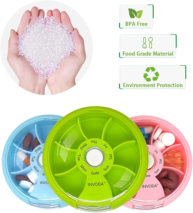 INVODA Weekly Pill Organizer 7 Compartment Rotating Pill Box - Image 8