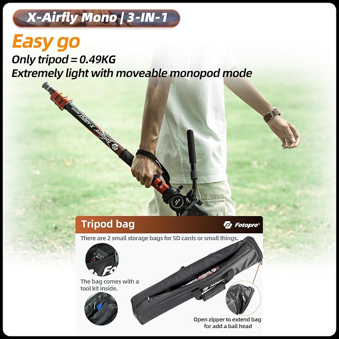 Fotopro Carbon Fiber 3-in-1 Monopod, Max Load 22lbs - Image 6