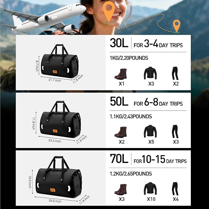 Waterproof Duffel Bag, 50L Roll-top Motorcycle Dry Bag - Image 6