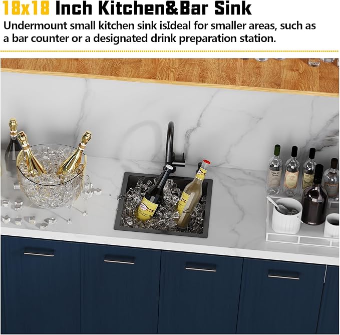 Small Black Kitchen Sink, 18x18 Inch Stainless Steel Undermount Drop In - Image 2