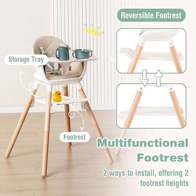 BABY JOY High Chair, 6 in 1 Convertible Wooden Highchair - Image 4