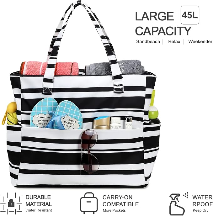 LEDAOU Large Beach Tote Bag Women Waterproof Sandproof Zipper Beach Tote Bag - Image 9