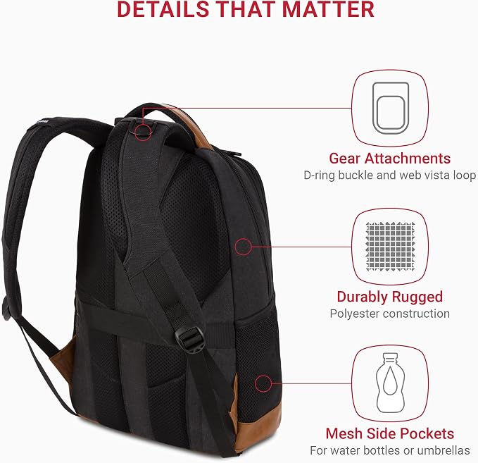 SwissGear 5505 Cecil 16” Laptop Backpack Black Canvas/Brown – Daily Laptop Bag - Image 3