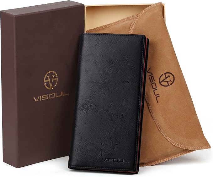VISOUL Mens Leather Long Bifold Checkbook Wallets - Image 7