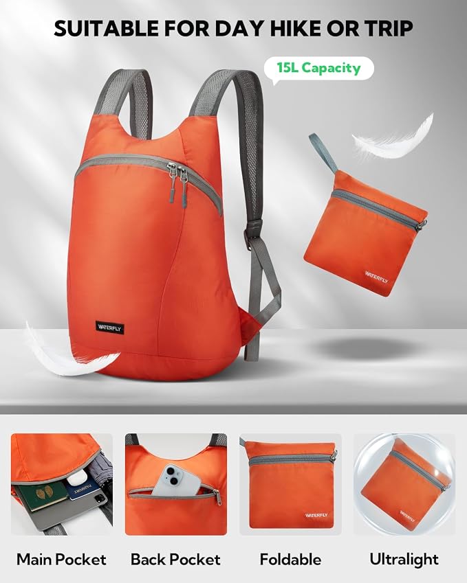 WATERFLY Foldable Lightweight Hiking Backpack: 15L Packable Traveling Daypack - Image 3