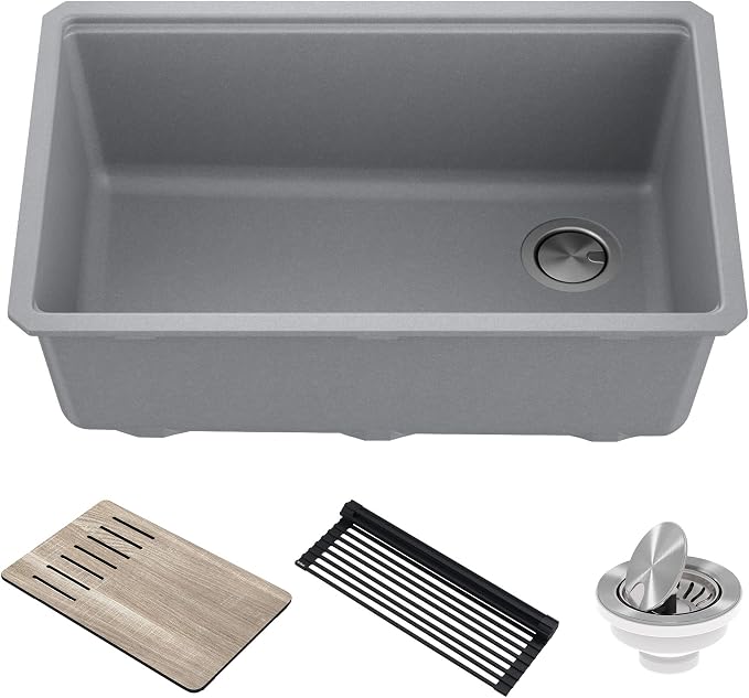 KRAUS Kitchen Sink Bellucci 29” Undermount Workstation Granite, Metallic Gray by KRAUS