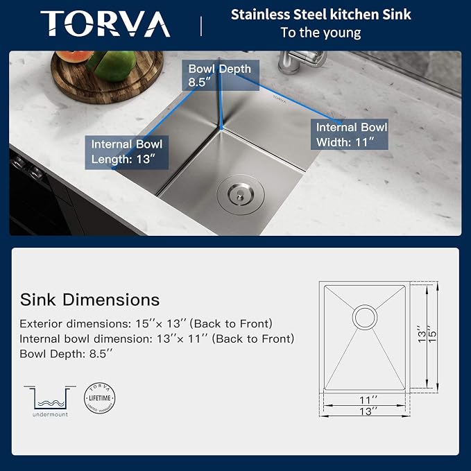 TORVA 13 x 15 Inch Undermount Kitchen Sink, Premium 304 Stainless Steel Bar Sink - Image 4