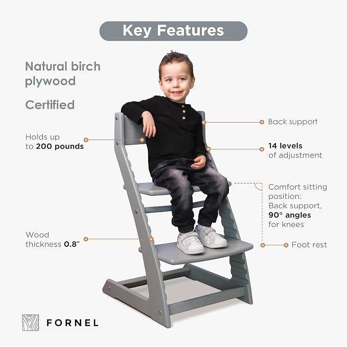FORNEL Grey Wooden High Chair for Toddlers | The Grow-with-Me Adjustable Chair - Image 3