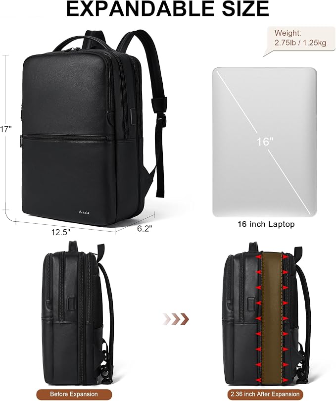 Vegan Leather Laptop Backpack for Women&Men, 16 Inch Expandable Backpack - Image 4