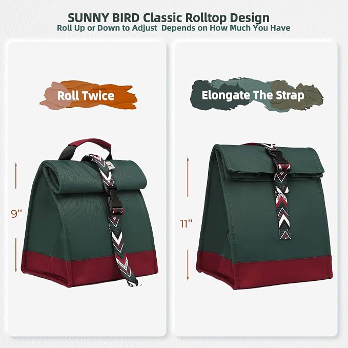 SUNNY BIRD Insulated Lunch Bag Rolltop Lunch Box Tote Bag - Image 3