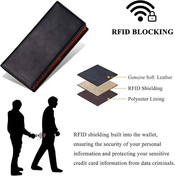 VISOUL Mens Leather Long Bi-fold Checkbook RFID Blocking Wallets, Breast Pocket - Image 4