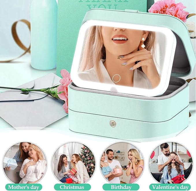 Travel Jewelry Case with LED Lighted Mirror, Personalized Birthday Gifts - Image 7
