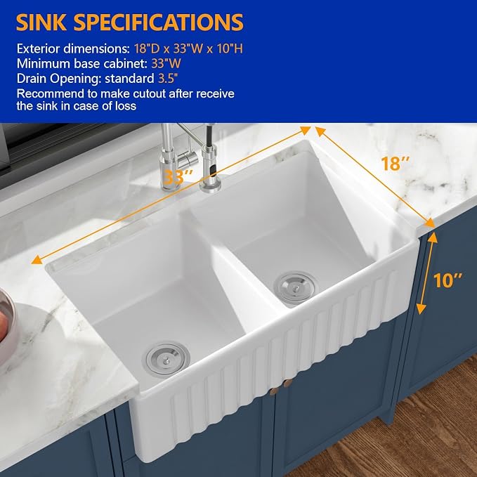 Dcolora Double Bowl Farmhouse Kitchen Sink Reversible Front Apron White - Image 6