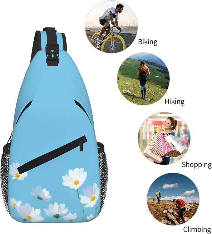 Sling Bag White Flower Blue Summer Hiking Daypack Crossbody Shoulder Backpack - Image 6