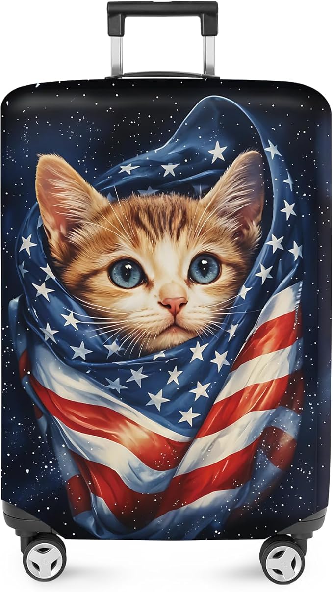 ANNA QUEEN Cute Patriotic Cat Luggage Cover, American Flag Suitcase Protector by ANNAQUEEN