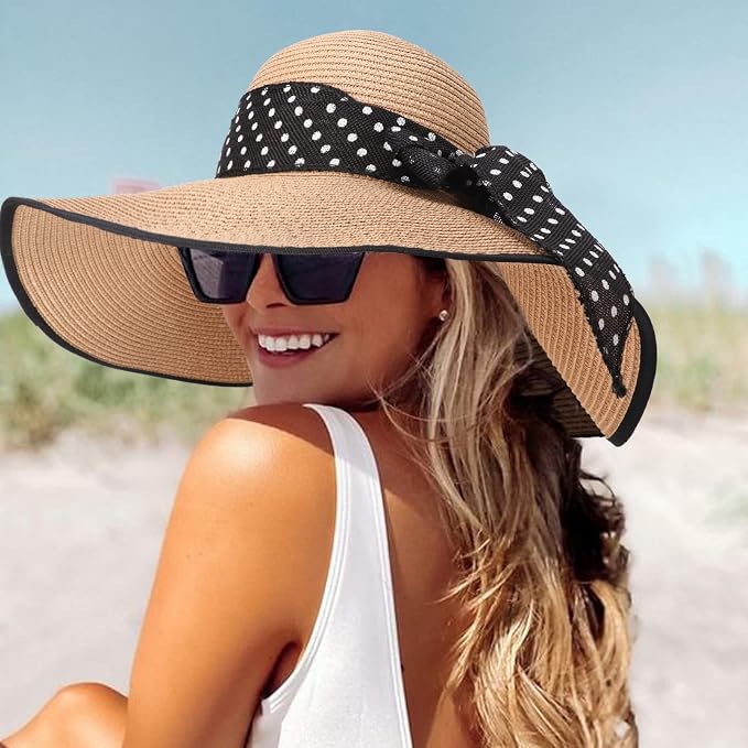 DRESHOW Beach Hats for Women Big Straw Wide Brim Summer Hat Floppy Foldable - Image 3