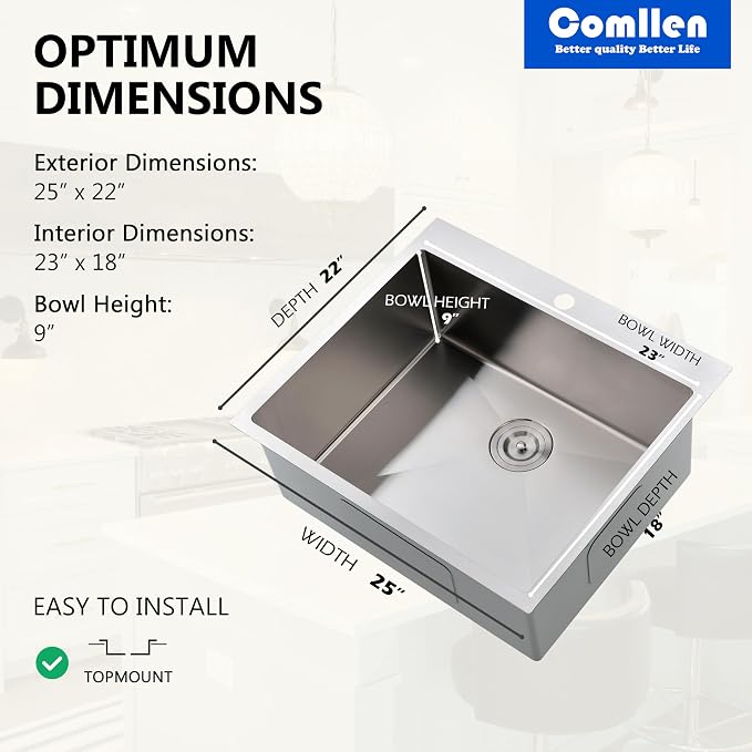 Comllen 25 x 22 Inch Drop In Kitchen Sink, Brushed Nickel Topmount 16 Gauge - Image 5