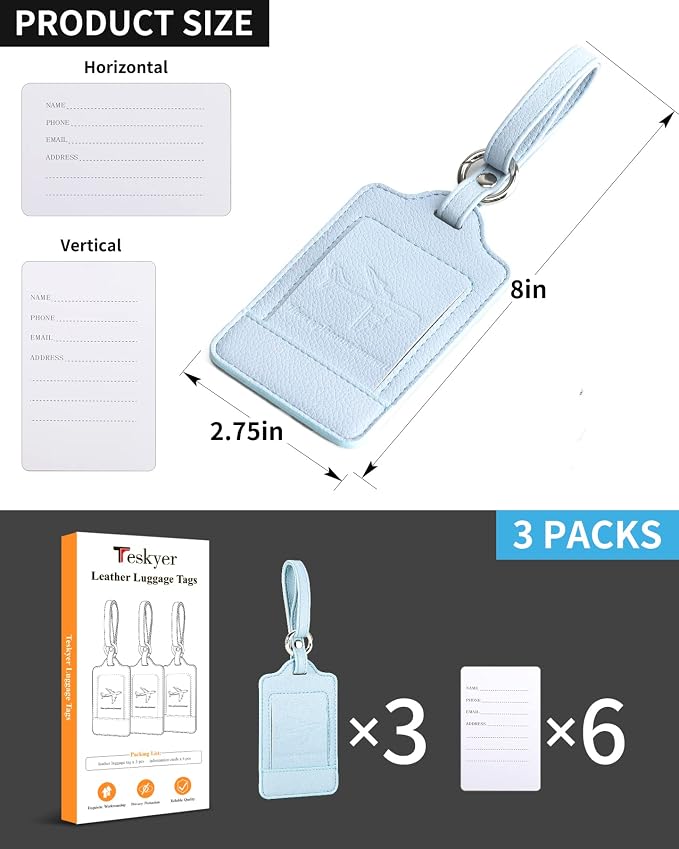 Teskyer Luggage Tags, 3 Pack Premium PU Leather Luggage Tags - Image 7