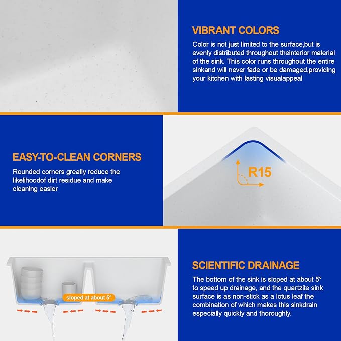 Dcolora 33 Inch Double Bowl Undermount Kitchen Sink White Deep Double Basin - Image 5