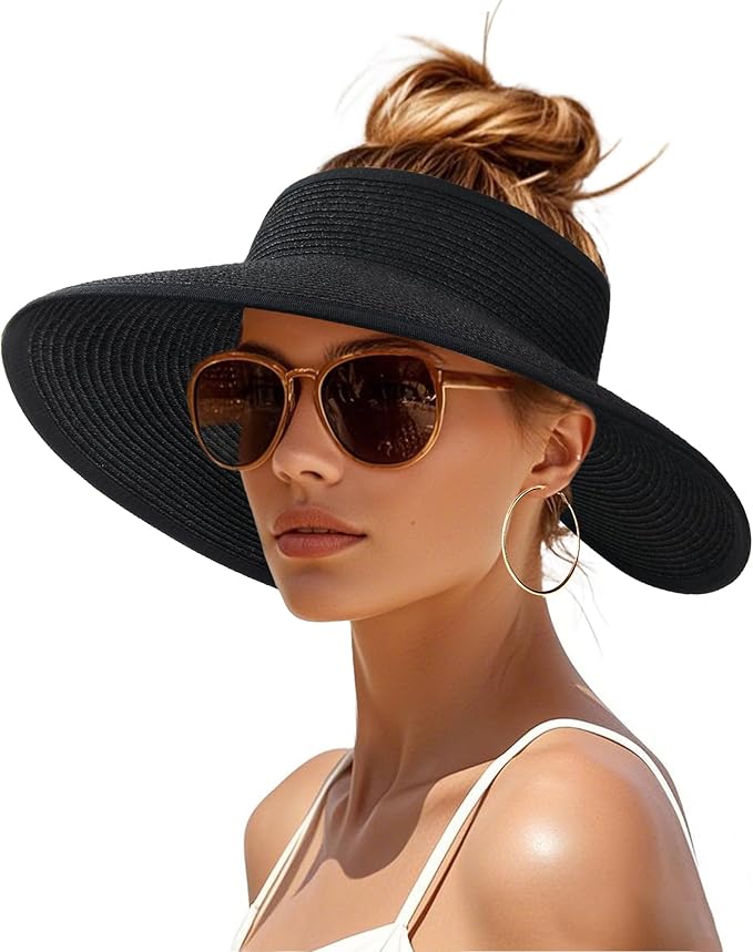 Womens Sun Visor Hats Wide Brim Straw Beach Hat UV Protection Ponytail Packable by FURTALK
