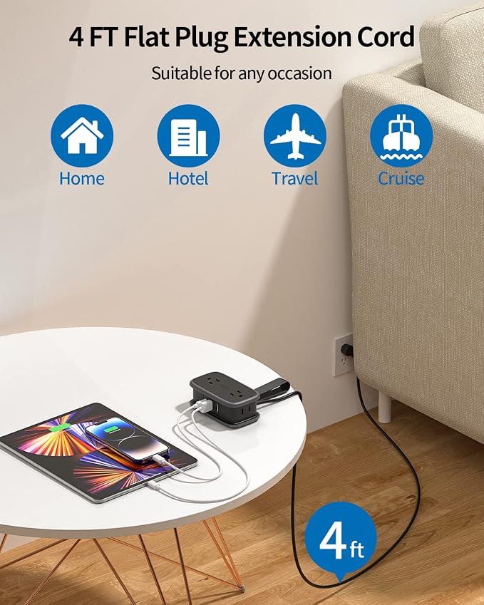 2 Pack Travel Power Strip with USB C Port, NTONPOWER Flat Plug Extension Cord - Image 8