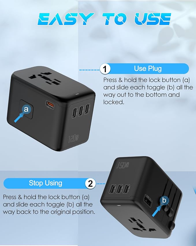 Universal Travel Adapter, 120W GaN International Power Plug Adapter, 5 USB - Image 7