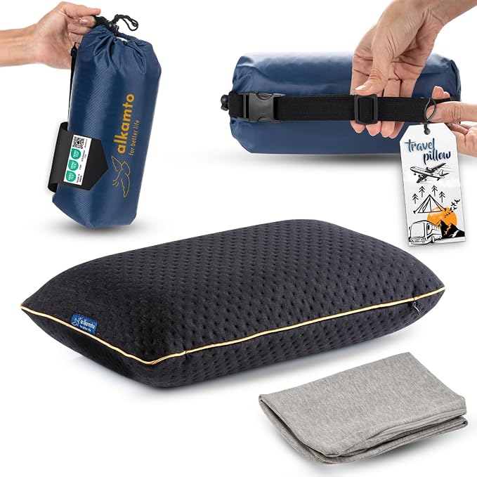 Travel & Camping Comfortable Memory Foam Pillow – Easy to Carry Portable Bag – by Alkamto