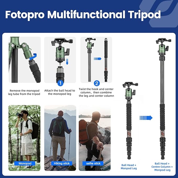 Fotopro 59" Carbon Fiber Travel Tripod, Compact Camera Tripod - Image 3