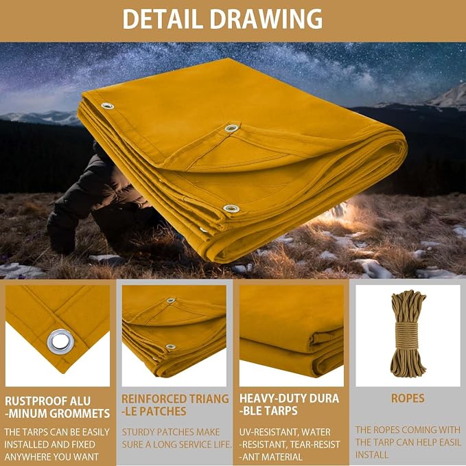 FoundGo 20x20ft Canvas Tarp 22 Mil Tarps 14 oz Canvas Tarpaulin Heavy Duty - Image 6