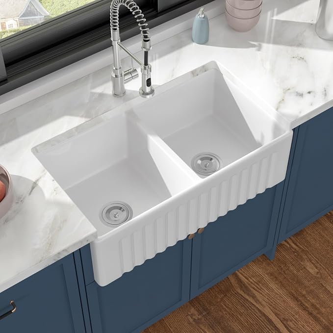 Dcolora Double Bowl Farmhouse Kitchen Sink Reversible Front Apron White - Image 2