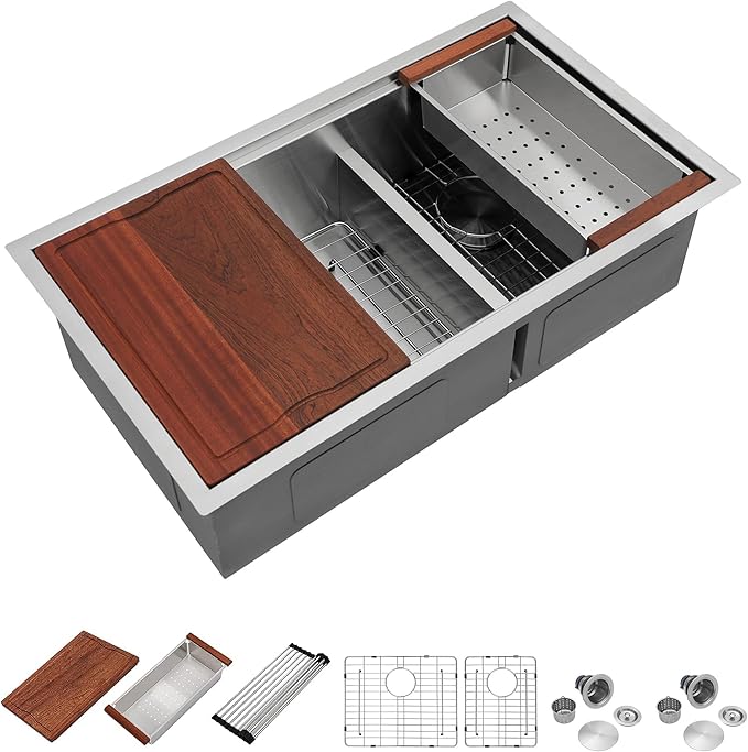 Dcolora 33 Inch Double Bowl Kitchen Sink Undermout Workstation 16 Gauge by Dcolora