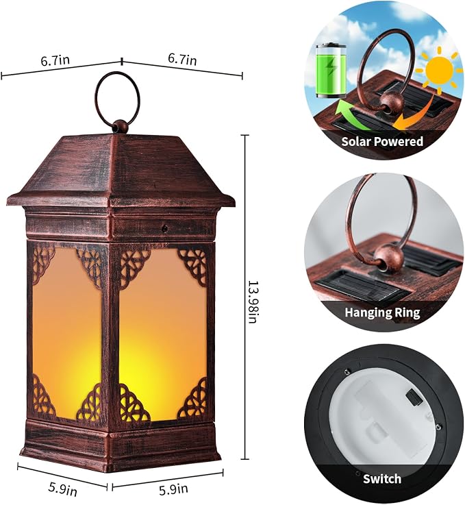 14" Solar Lanterns Outdoor Waterproof, Glass Flickering Flame Solar Lantern - Image 2