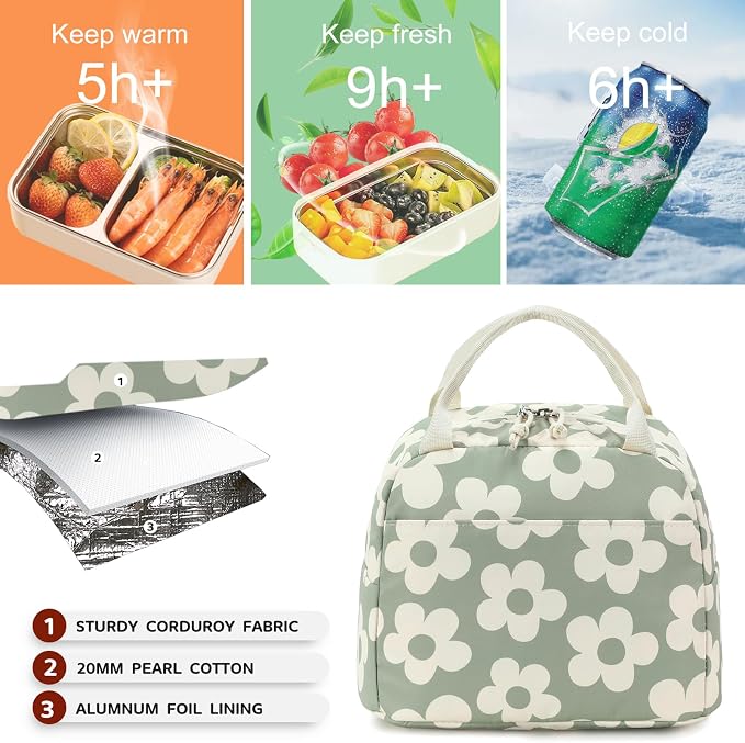 Bluboon Lunch Bag for Women Men Cute Corduroy Lunch Tote Bags Reusable - Image 7