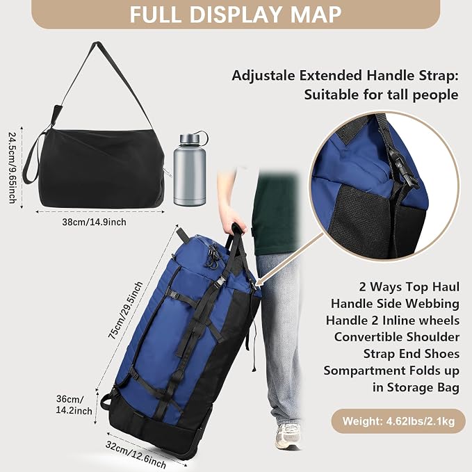 Rolling Duffle Bag with Wheels, 86L 30”Folding Duffle Backpack with 2 Wheels - Image 5