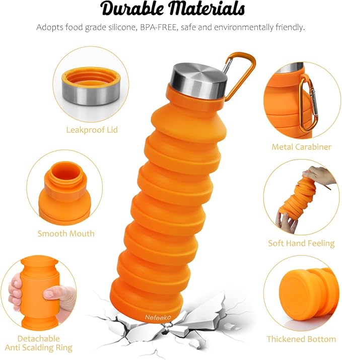 Nefeeko Collapsible Water Bottle, Reuseable BPA Free Silicone Foldable Water - Image 3