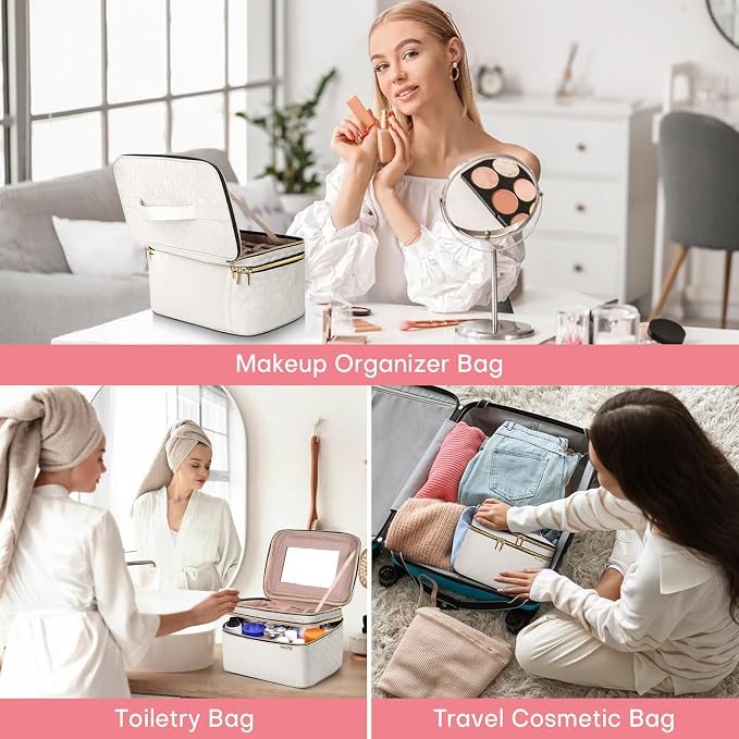 Large Makeup Bag with Mirror Double Layer Travel Make Up Organizer Case - Image 7