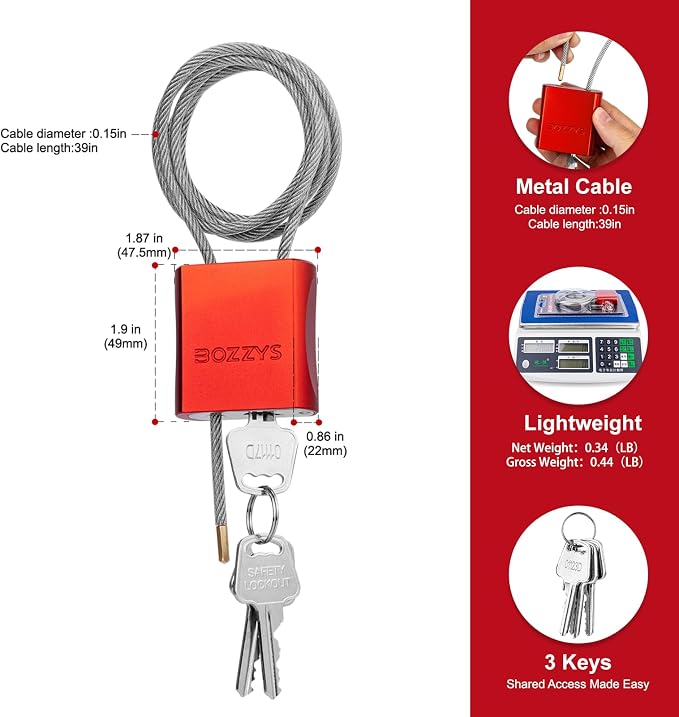 Adjustable Cable Locks with 3 Keys | 3.28ft L x 1/6in D Aluminum Steel Cable - Image 2