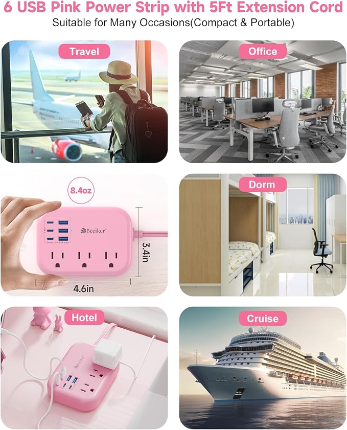 6 USB Pink Power Strip- 5Ft Pink Extension Cord - Image 8