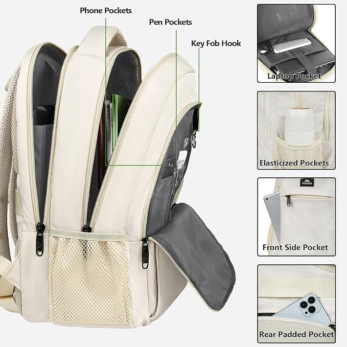 MATEIN Beige Laptop Backpack 15.6 Inch, Lightweight Sturdy Bag - Image 3