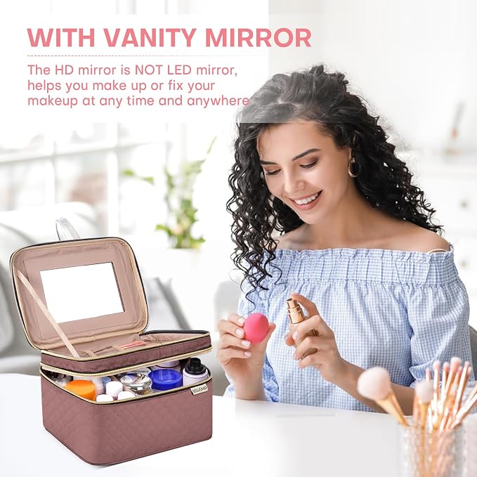 Large Makeup Bag with Mirror Double Layer Travel Make Up Organizer Case - Image 3
