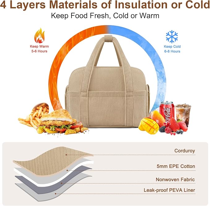Corduroy Lunch Box Lunch Bag for Women Men, Cute Strawberry Small Insulated - Image 3