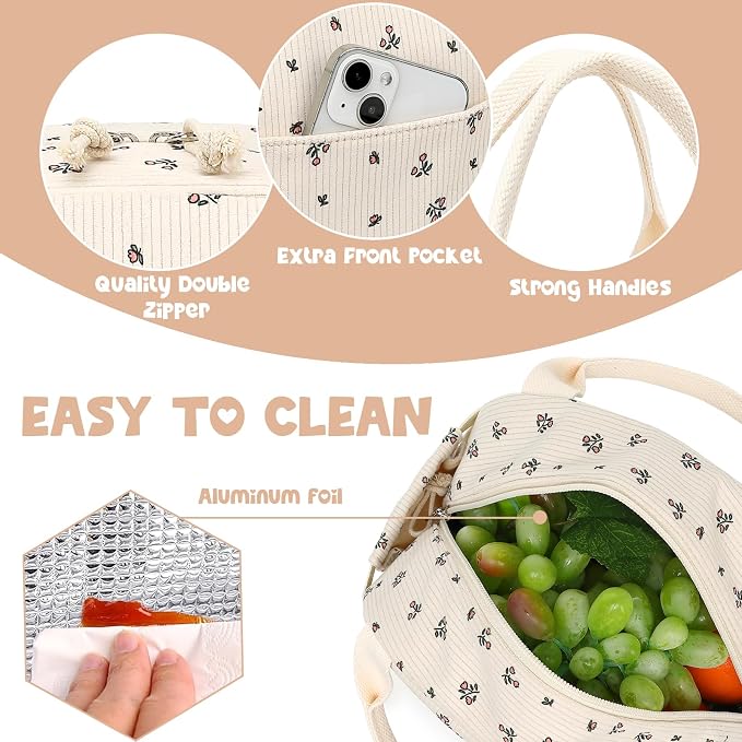 Bluboon Lunch Bag for Women Men Cute Corduroy Lunch Tote Bags Reusable - Image 3