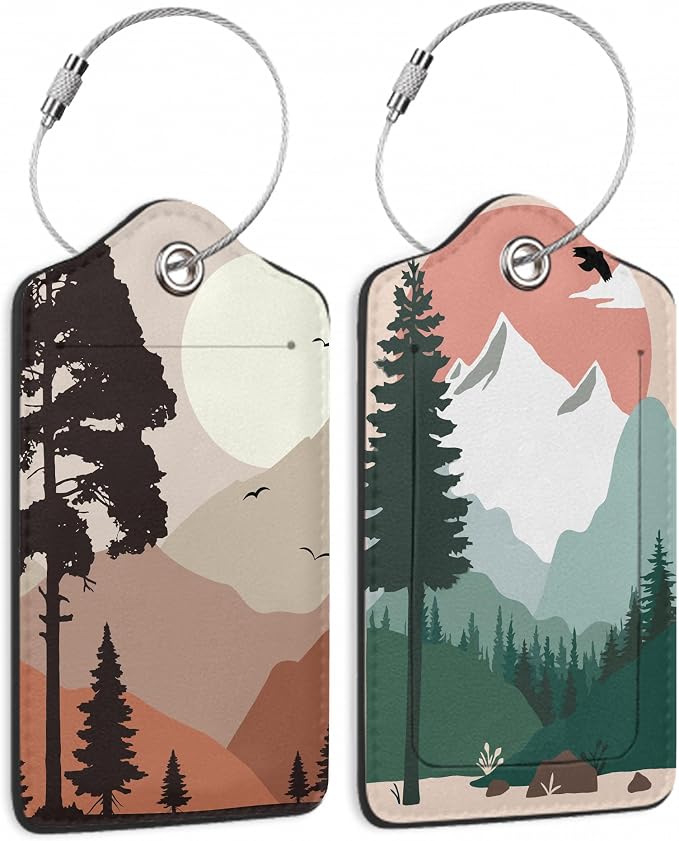 2 Pack Luggage Tag for Suitcase, Landscape Pine Trees Mountains Leather Bag by TXIANT