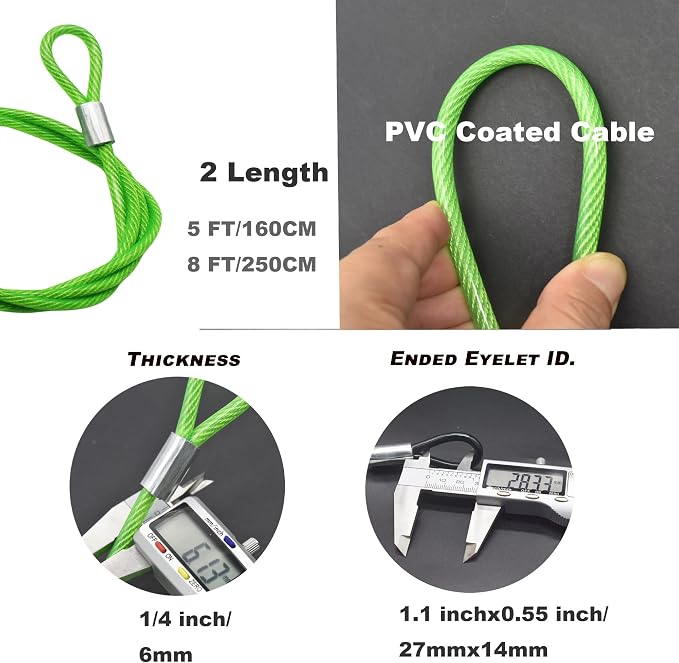 5FT 6mm Stainless Steel Security Cable Lock, Braided Steel Vinyl Coated Safety - Image 2